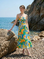 Tropical Strapless Back Cut Out Midi Dress - TEVQA