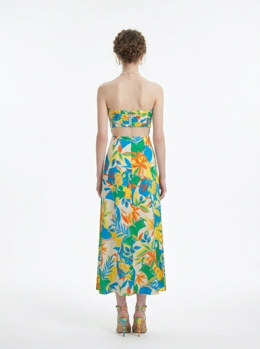 Tropical Strapless Back Cut Out Midi Dress - TEVQA