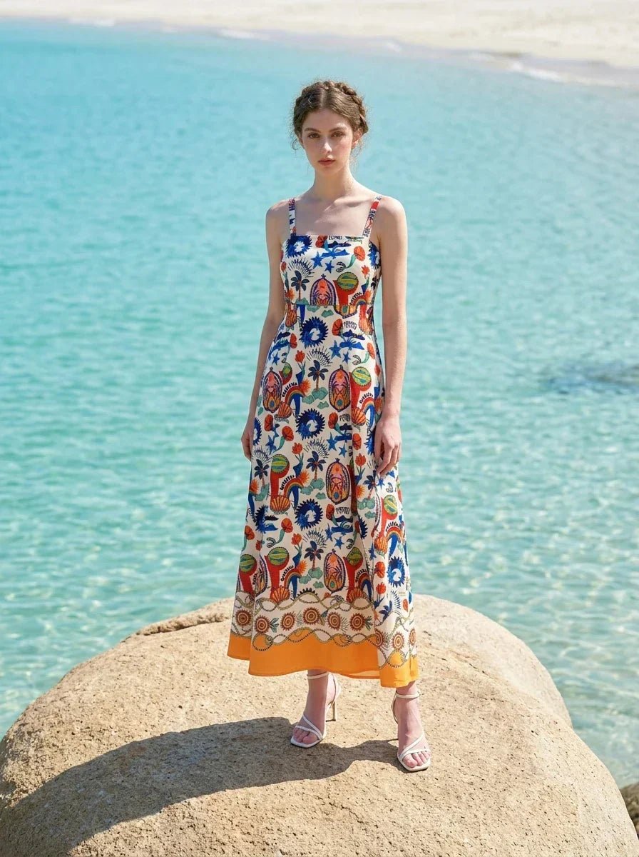 Tropical Sun and Palm Digital Print Strappy Maxi Dress - TEVQA