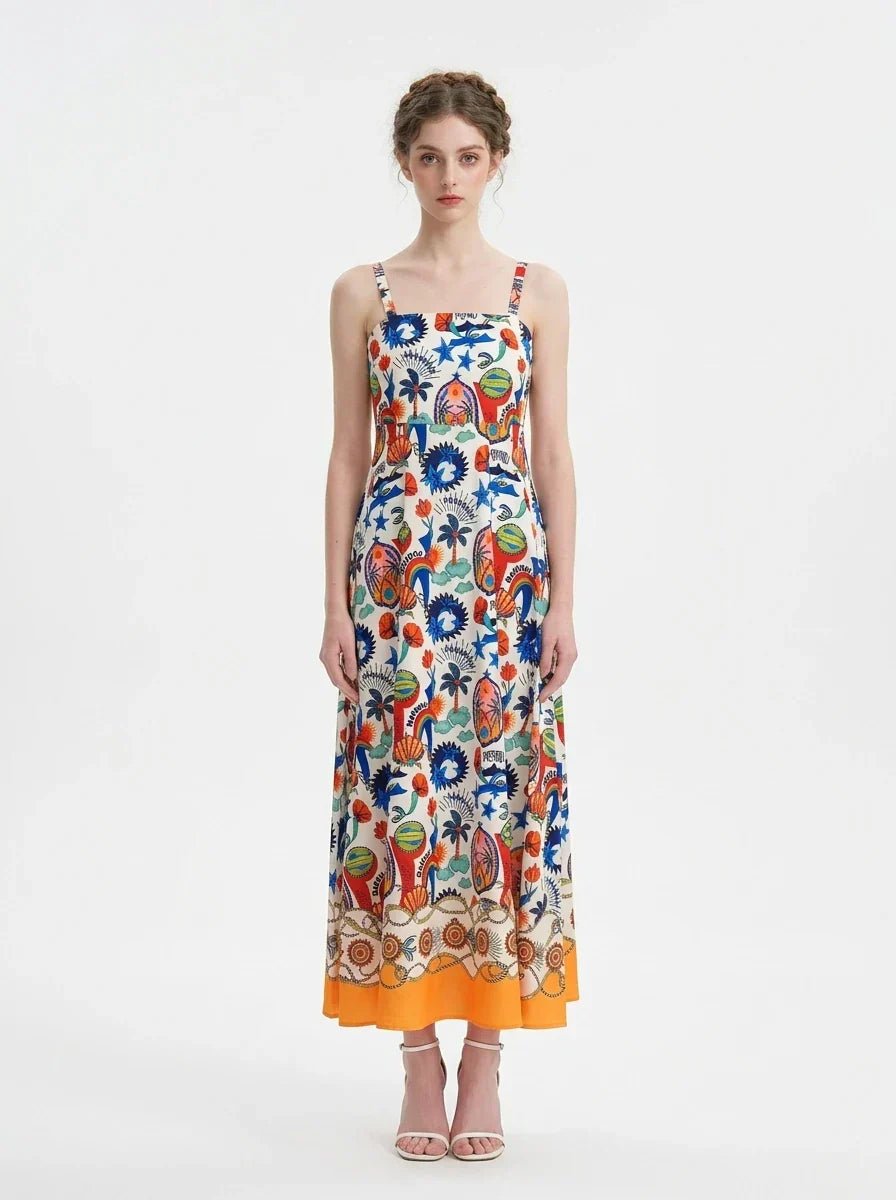 Tropical Sun and Palm Digital Print Strappy Maxi Dress - TEVQA