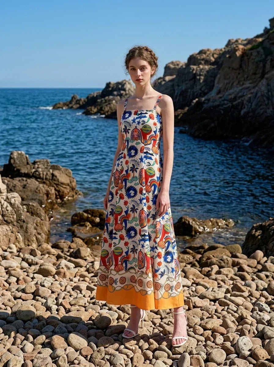 Tropical Sun and Palm Digital Print Strappy Maxi Dress - TEVQA