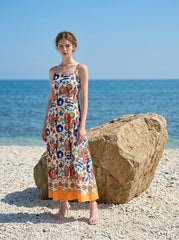 Tropical Sun and Palm Digital Print Strappy Maxi Dress - TEVQA
