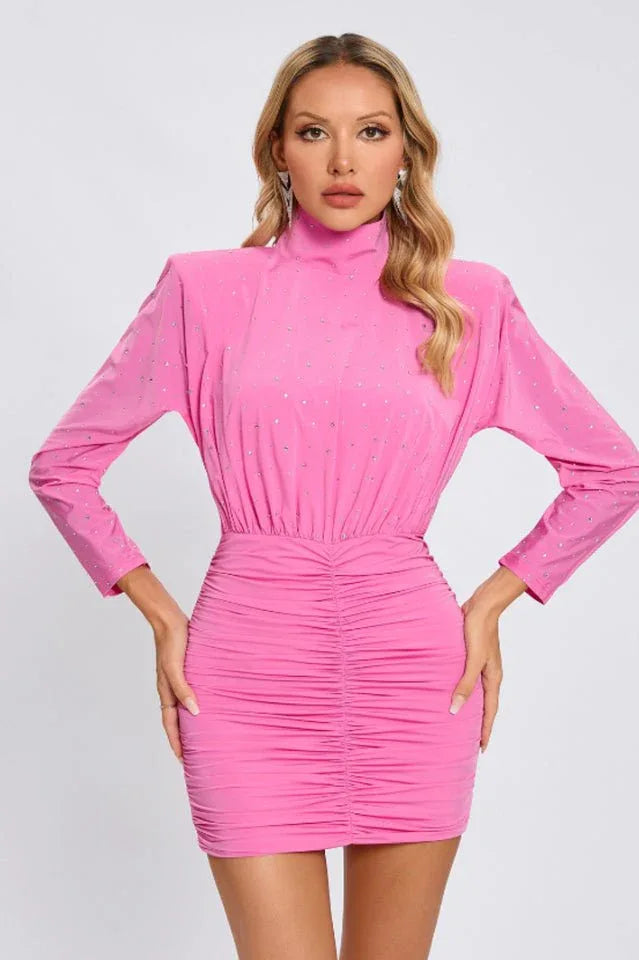 Turtle Crystal Embellished Draped Mini Dress - TEVQA Main image