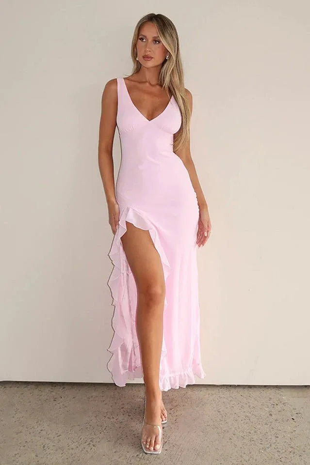 V-Neck Ruffle Hem Slit Dress - TEVQA Secondary image