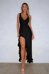 V - Neck Ruffle Hem Slit Dress - Tevqa