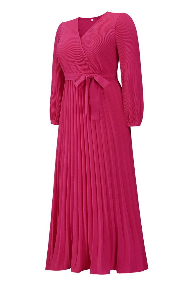V Neck Swing Pleated Dress - Tevqa