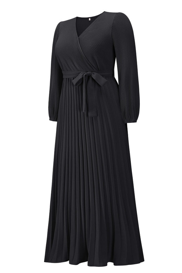 V Neck Swing Pleated Dress - Tevqa