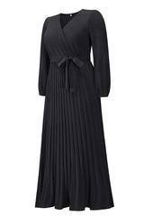 V Neck Swing Pleated Dress - Tevqa