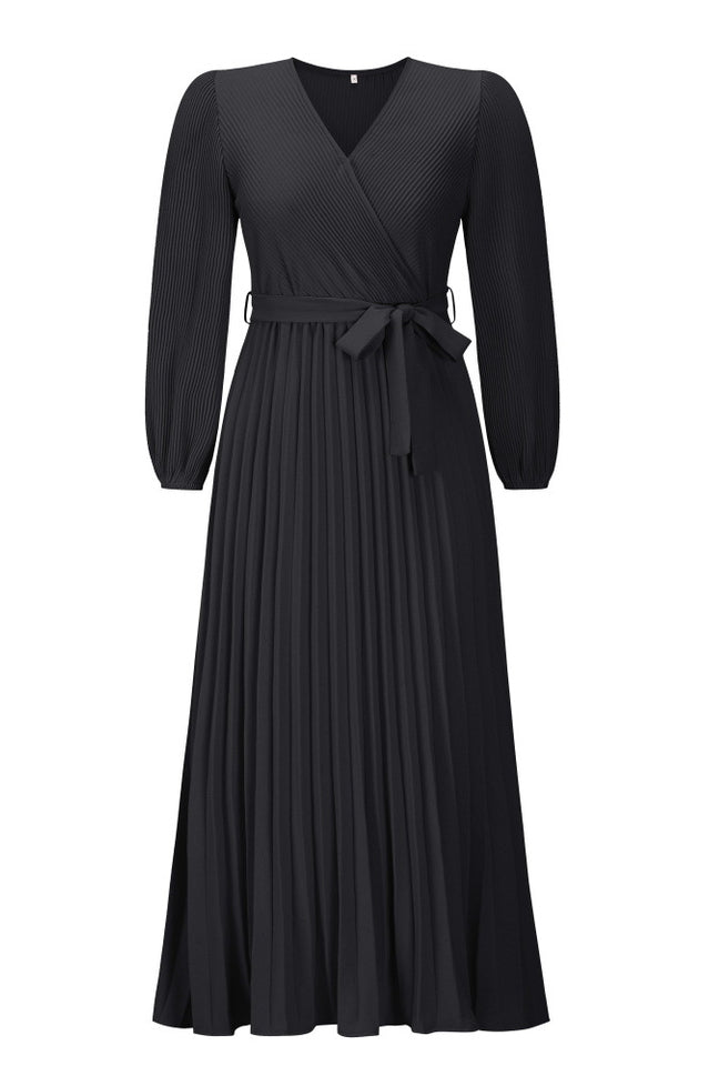 V Neck Swing Pleated Dress - Tevqa