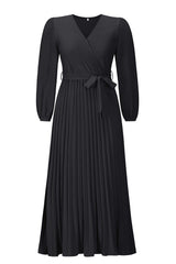 V Neck Swing Pleated Dress - Tevqa