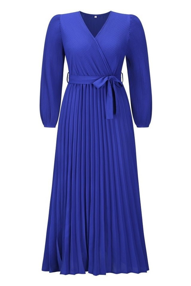 V Neck Swing Pleated Dress - Tevqa