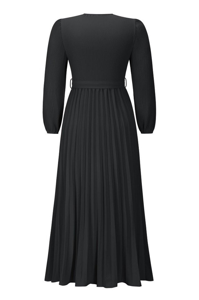 V Neck Swing Pleated Dress - Tevqa