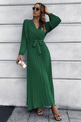 V Neck Swing Pleated Dress - Tevqa