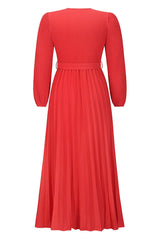 V Neck Swing Pleated Dress - Tevqa