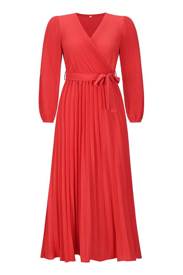 V Neck Swing Pleated Dress - Tevqa