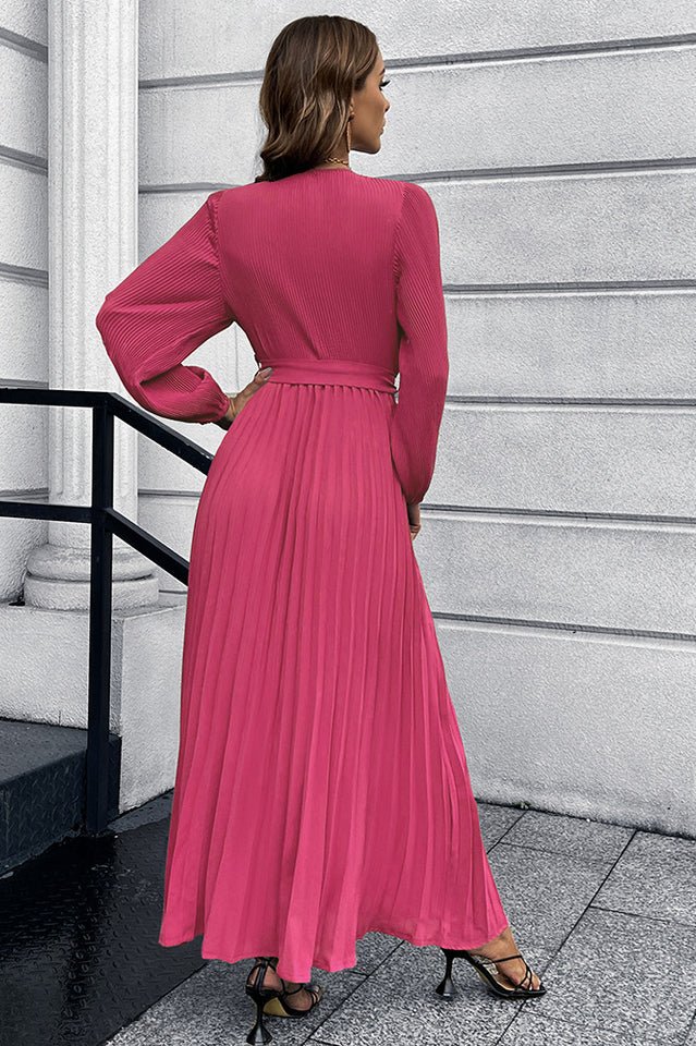 V Neck Swing Pleated Dress - Tevqa