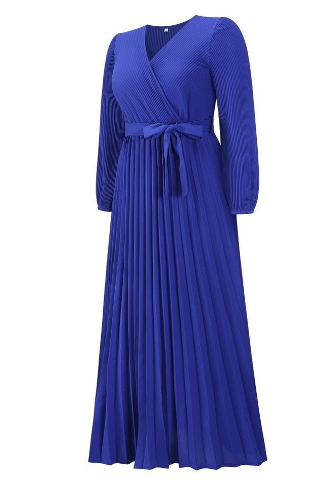 V Neck Swing Pleated Dress - Tevqa