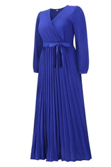 V Neck Swing Pleated Dress - Tevqa
