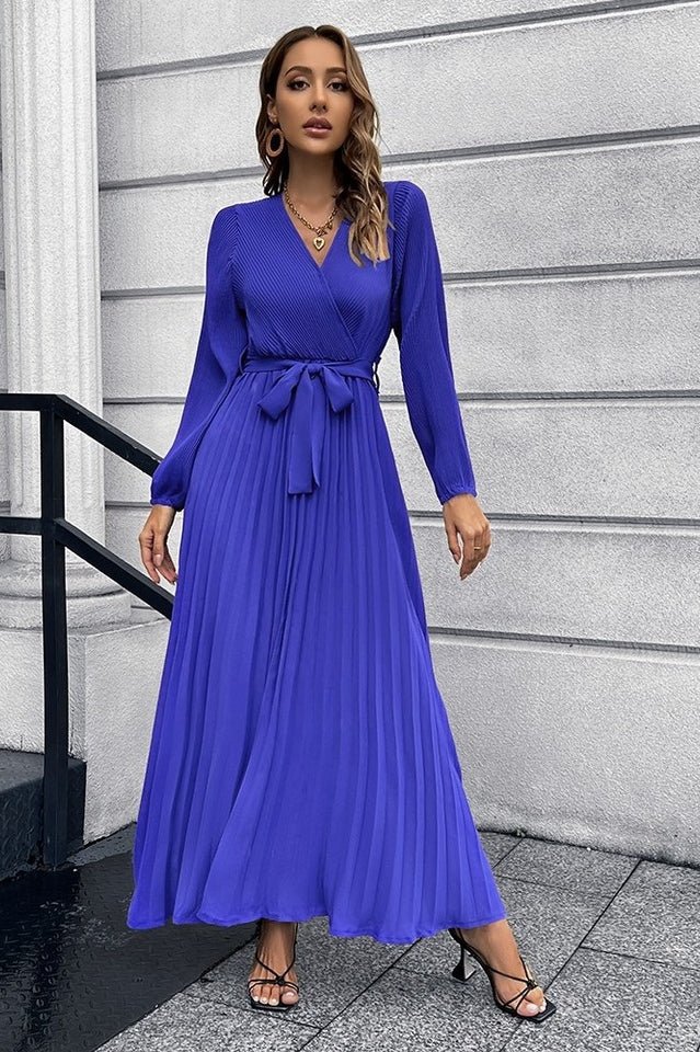 V Neck Swing Pleated Dress - Tevqa