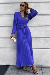 V Neck Swing Pleated Dress - Tevqa