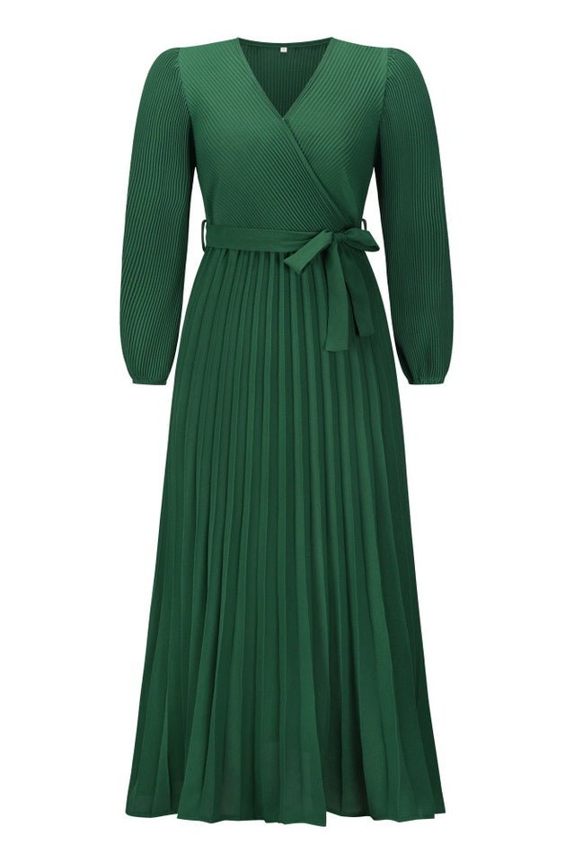 V Neck Swing Pleated Dress - Tevqa