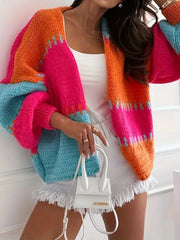 Vibrant Color Block Chunky Knit Cardigan - TEVQA