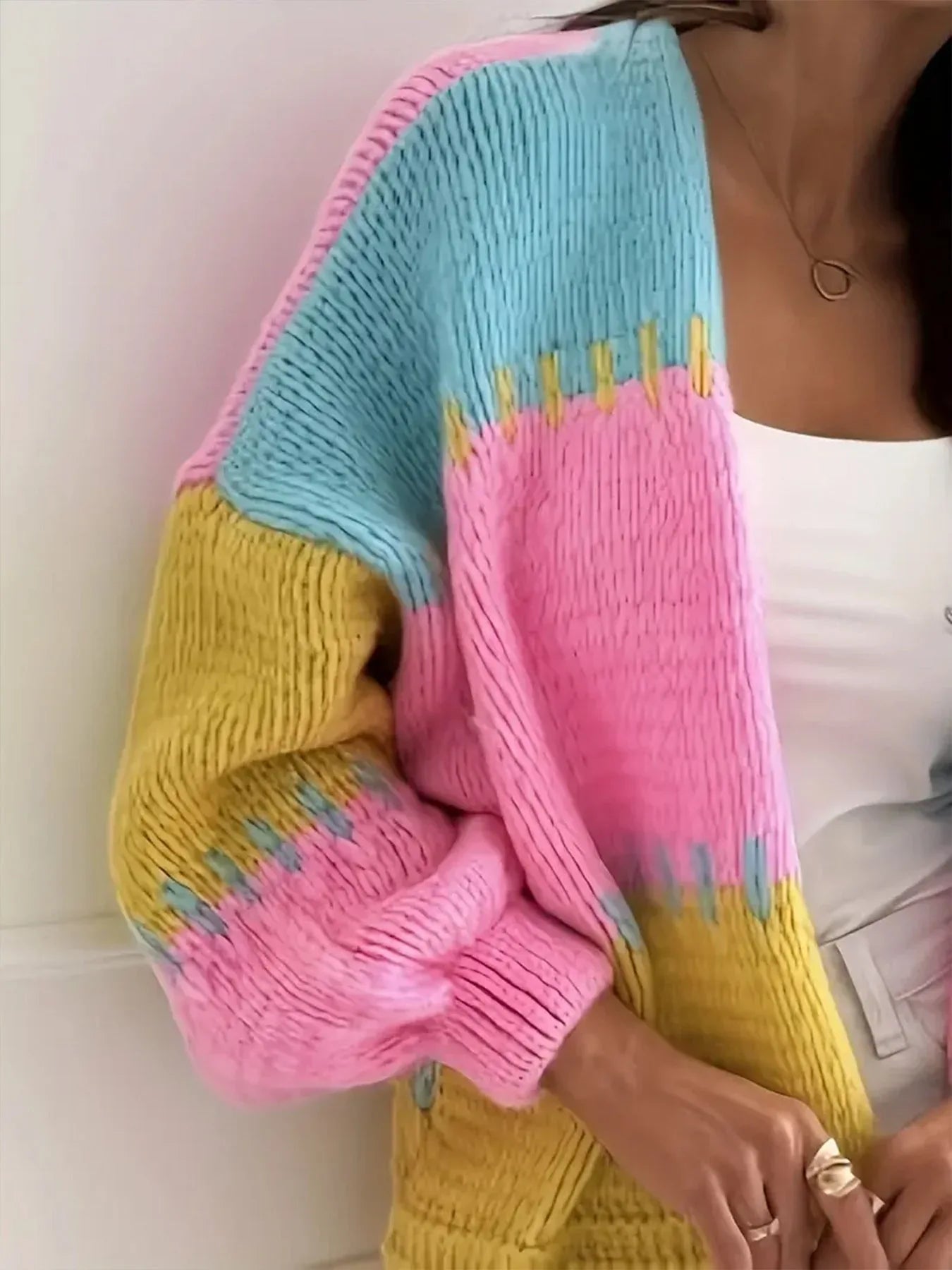 Vibrant Color Block Chunky Knit Cardigan - TEVQA