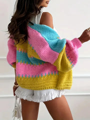 Vibrant Color Block Chunky Knit Cardigan - TEVQA