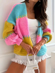 Vibrant Color Block Chunky Knit Cardigan - TEVQA