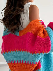 Vibrant Color Block Chunky Knit Cardigan - TEVQA