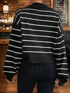 Vintage Black Striped Polo Collar Knit Sweater - TEVQA