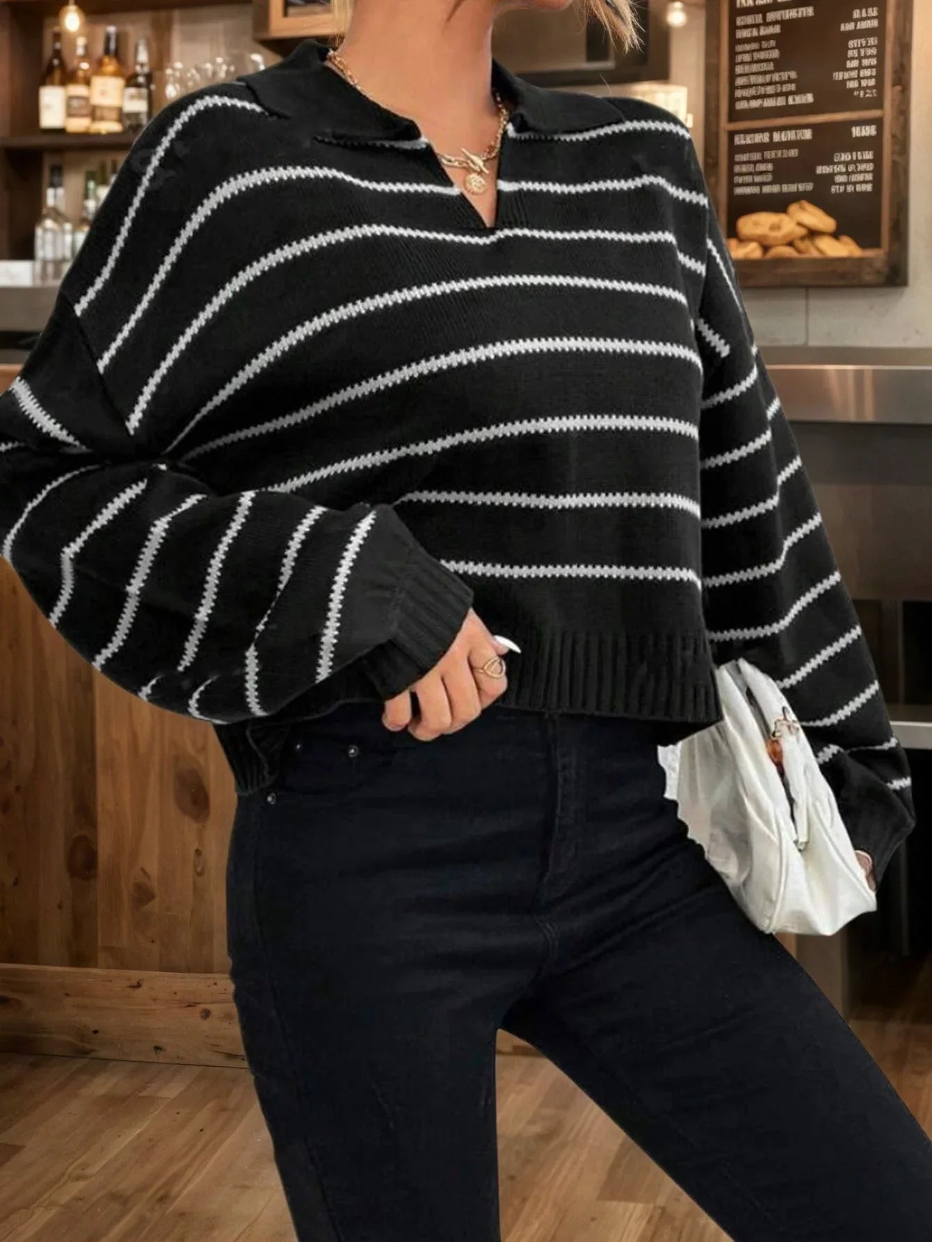 Vintage Black Striped Polo Collar Knit Sweater - TEVQA
