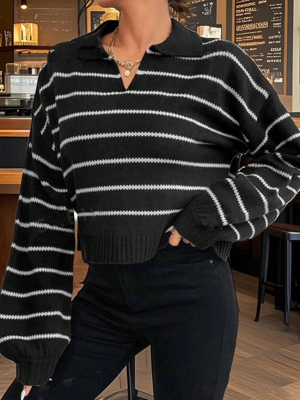 Vintage Black Striped Polo Collar Knit Sweater - TEVQA Secondary image