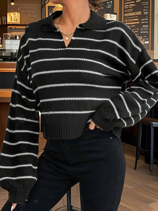 Vintage Black Striped Polo Collar Knit Sweater - TEVQA