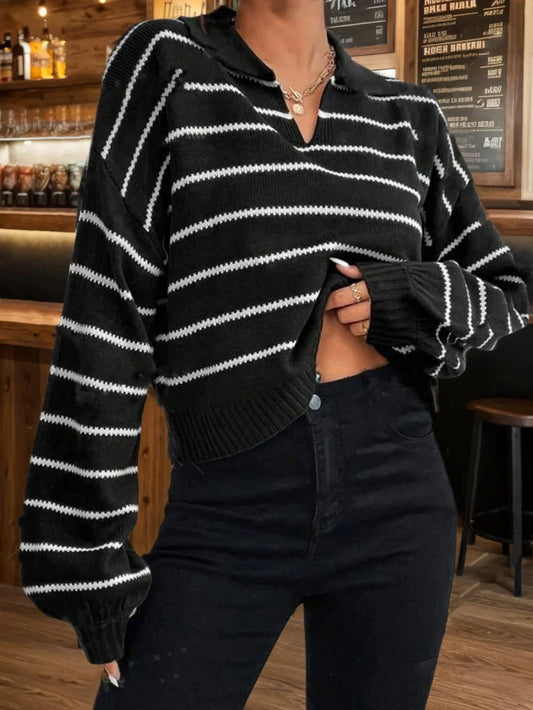Vintage Black Striped Polo Collar Knit Sweater - TEVQA