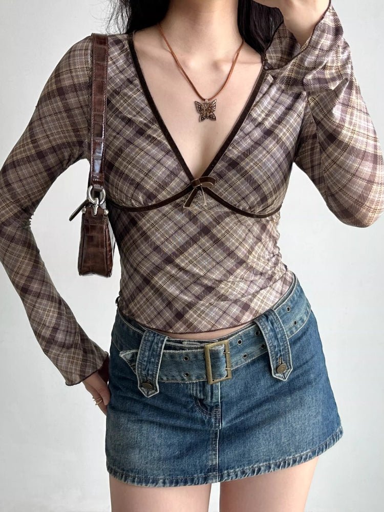 Vintage Brown Plaid Deep V - Neck Long Sleeve Top - TEVQA