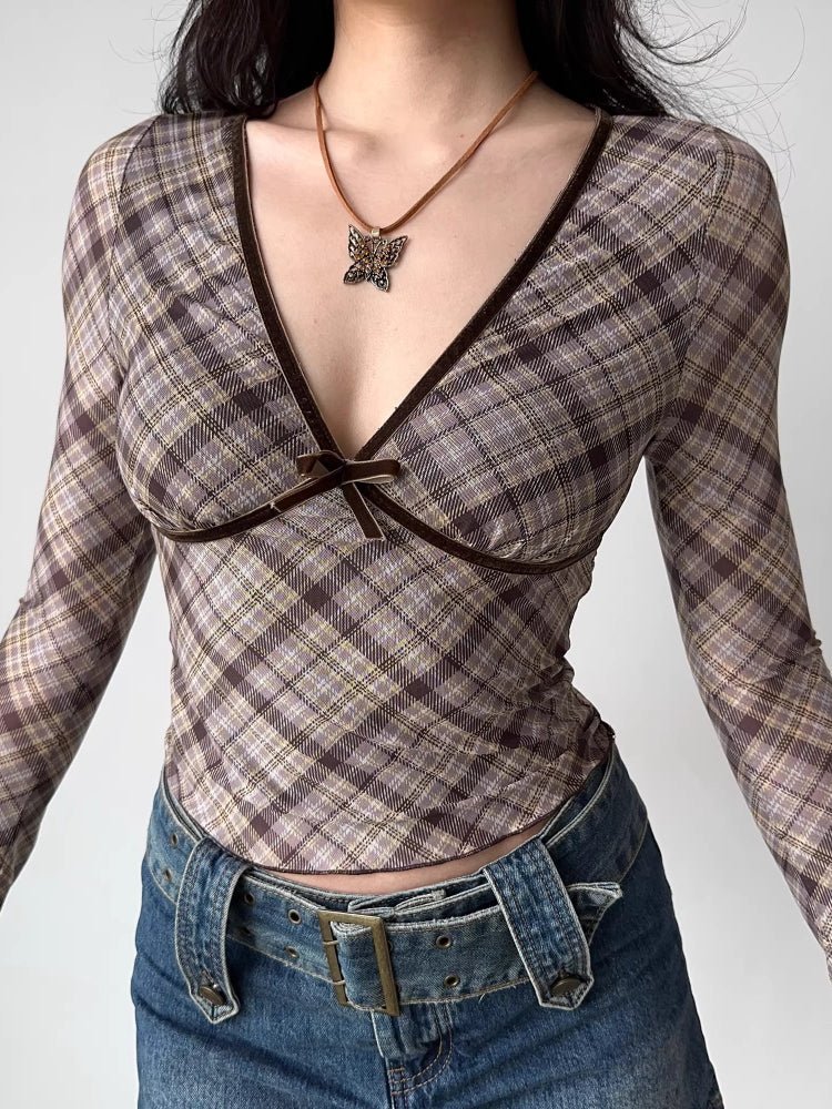 Vintage Brown Plaid Deep V - Neck Long Sleeve Top - TEVQA