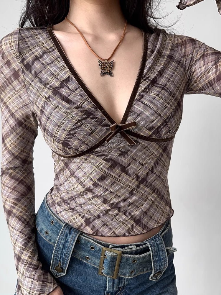 Vintage Brown Plaid Deep V - Neck Long Sleeve Top - TEVQA