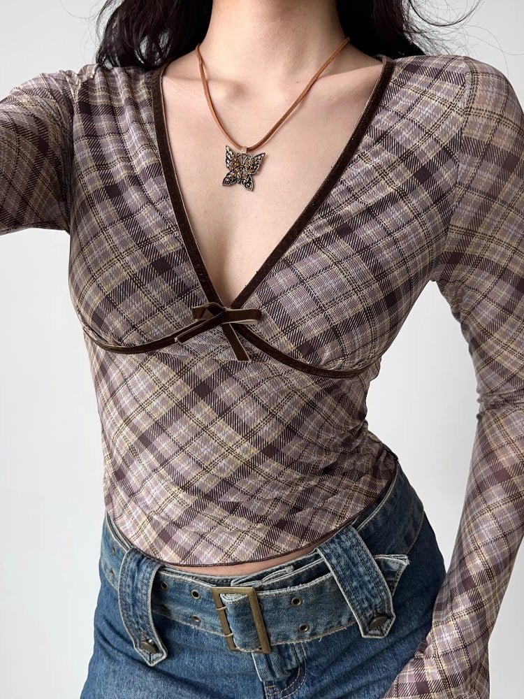 Vintage Brown Plaid Deep V - Neck Long Sleeve Top - TEVQA
