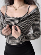Vintage Houndstooth Camisole and Cardigan Set - TEVQA