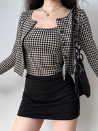 Vintage Houndstooth Camisole and Cardigan Set - TEVQA