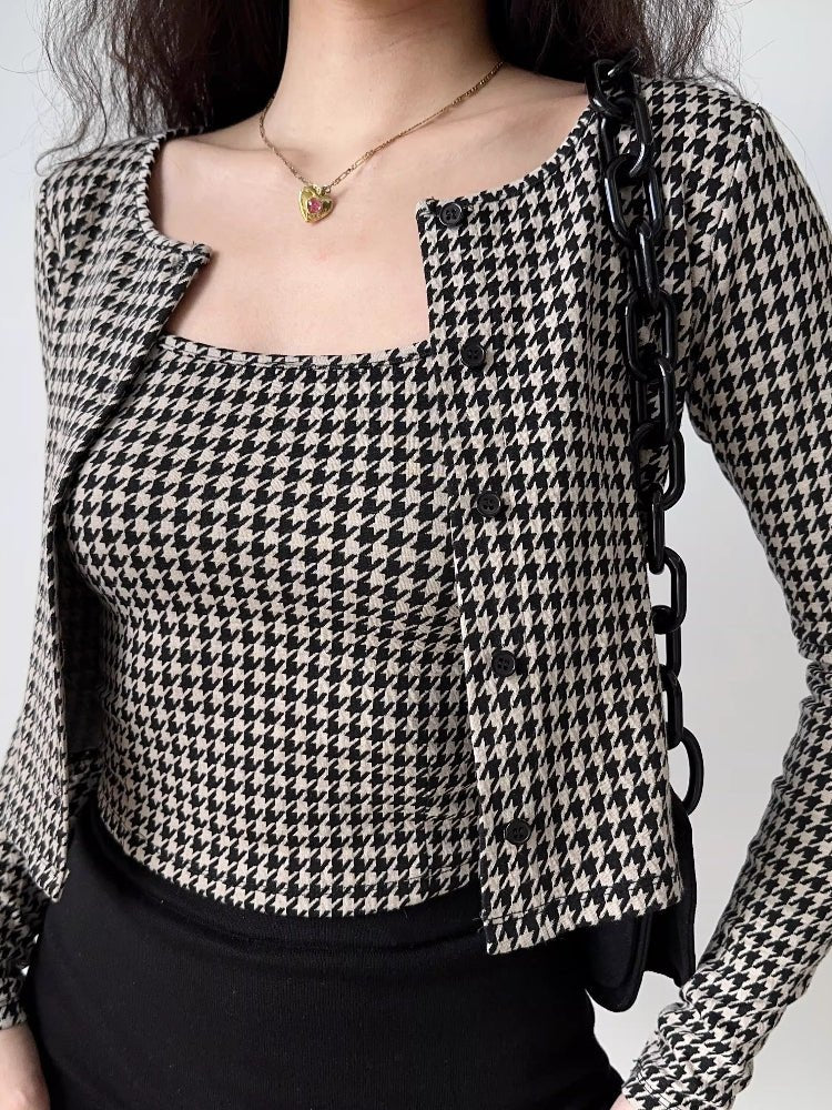 Vintage Houndstooth Camisole and Cardigan Set - TEVQA