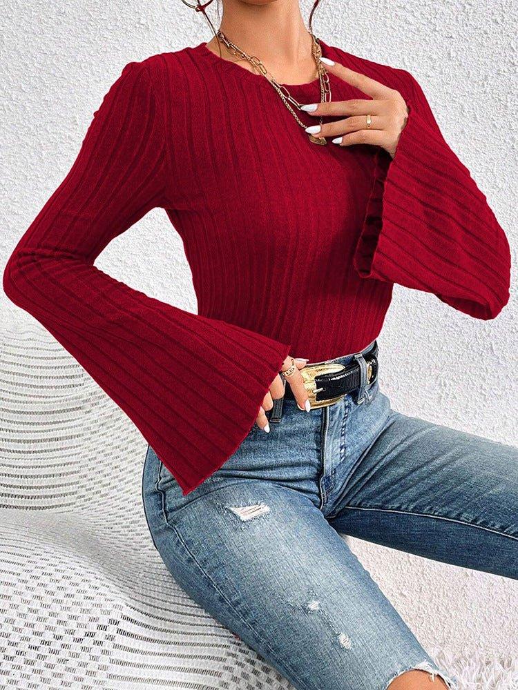 Vintage Inspired Ribbed Bell Sleeve Top - TEVQA