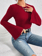 Vintage Inspired Ribbed Bell Sleeve Top - TEVQA