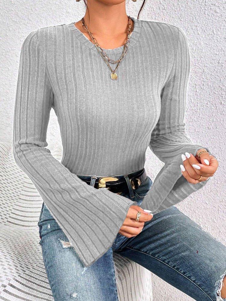 Vintage Inspired Ribbed Bell Sleeve Top - TEVQA