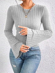 Vintage Inspired Ribbed Bell Sleeve Top - TEVQA