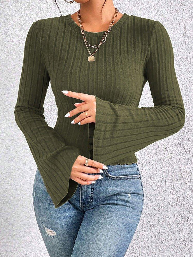 Vintage Inspired Ribbed Bell Sleeve Top - TEVQA