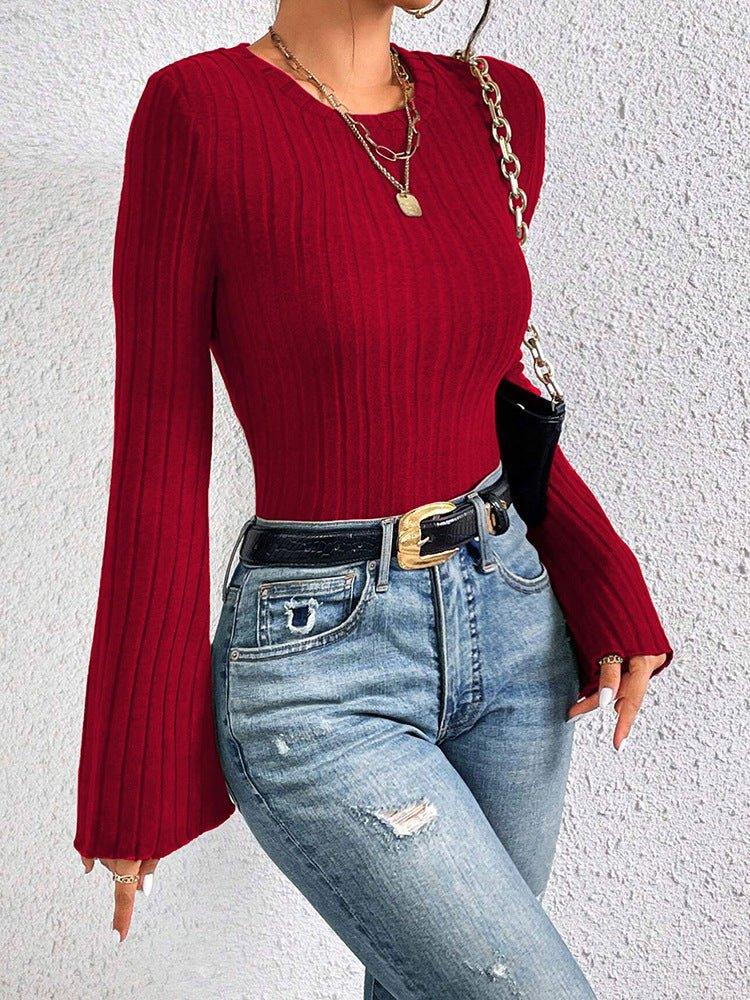 Vintage Inspired Ribbed Bell Sleeve Top - TEVQA