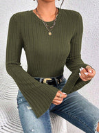 Vintage Inspired Ribbed Bell Sleeve Top - TEVQA