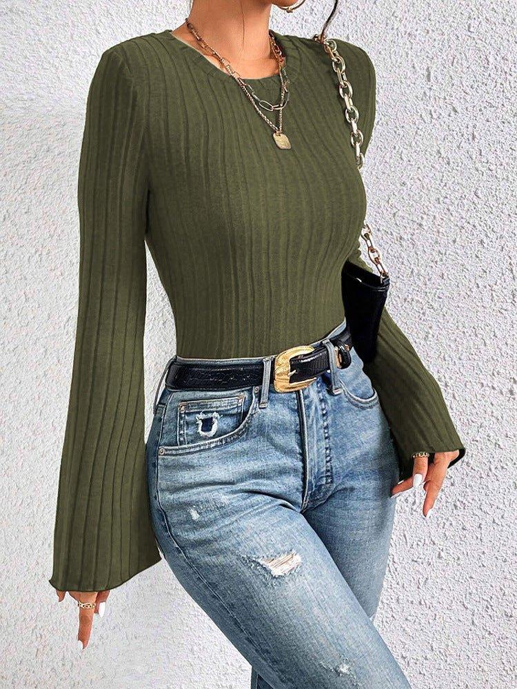 Vintage Inspired Ribbed Bell Sleeve Top - TEVQA